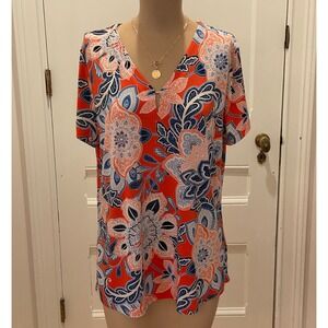 JONES NEW YORK SIGNATURE Women's Orange Floral V-Neck Short Sleeve Top Size L